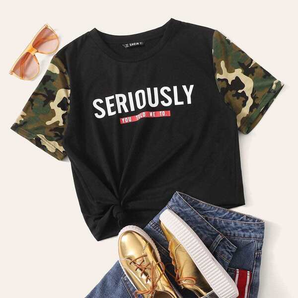 

Slogan Print Camo Sleeve Tee