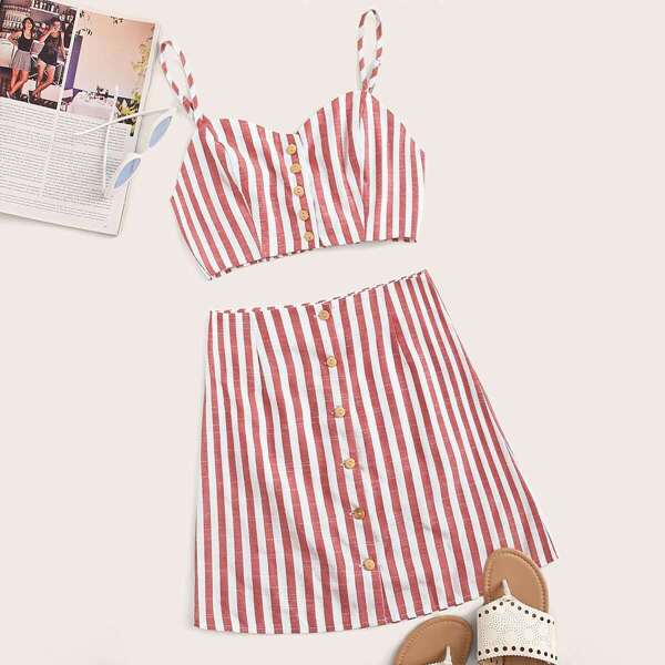 

Button Up Sweetheart Striped Cami Top and Skirt Set