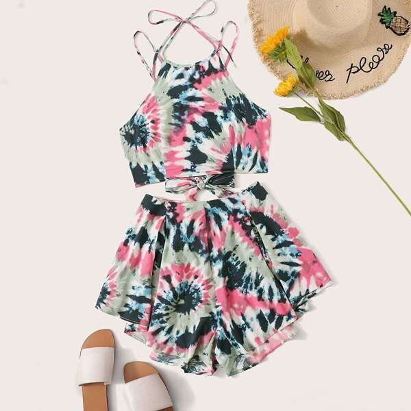 

Tied Crisscross Back Tie Dye Top and Shorts Set