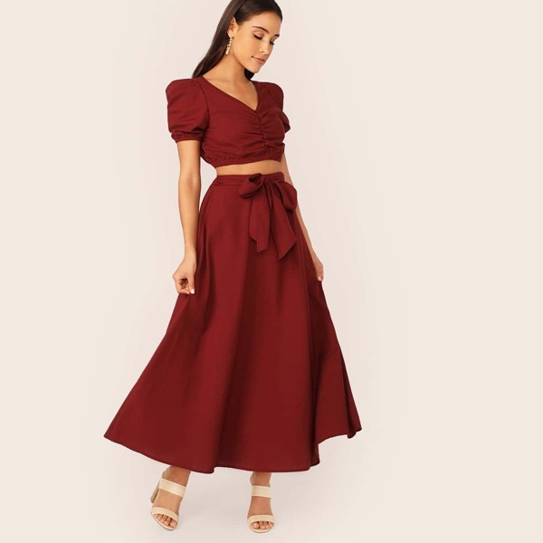 

Puff Sleeve Ruched Top and Bow Tie Waist Skirt Set