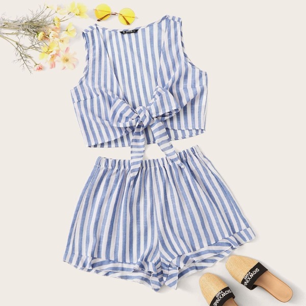 

Striped Deep V-neck Tie Front Top & Ruffle Shorts Set