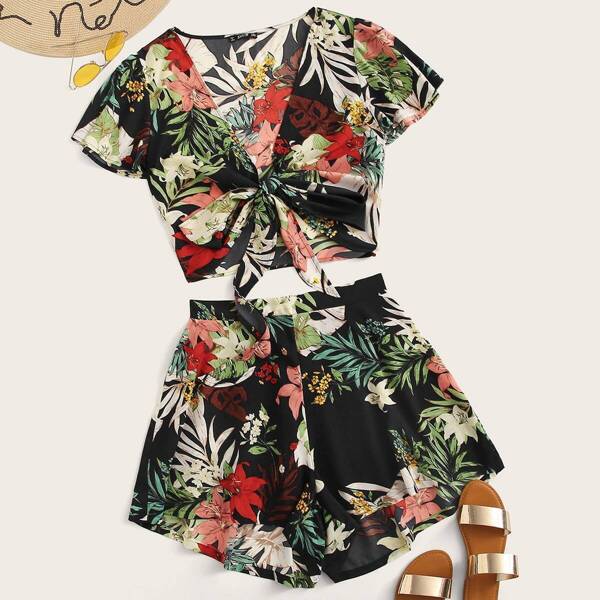 

Plus Tropical Print Knot Top and Shorts Set, Multicolor
