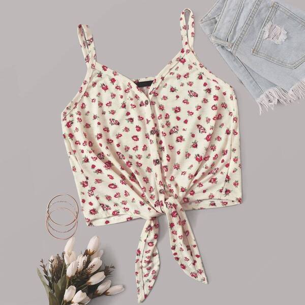 

Floral Print Knot Hem Button Top
