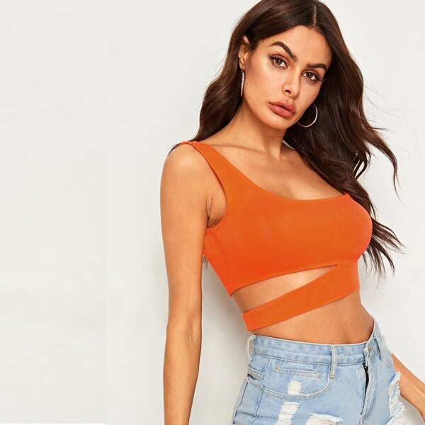 

Neon Orange Cutout Detail Crop Tank Top, Orange bright