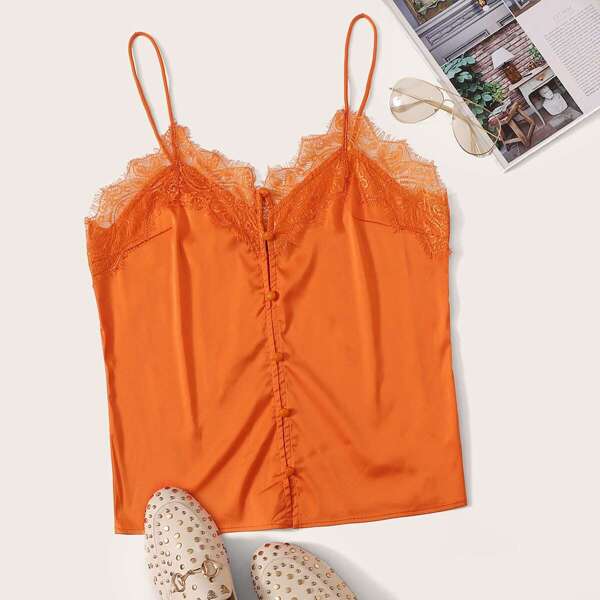 

Neon Orange Lace Trim Button Up Satin Cami Top