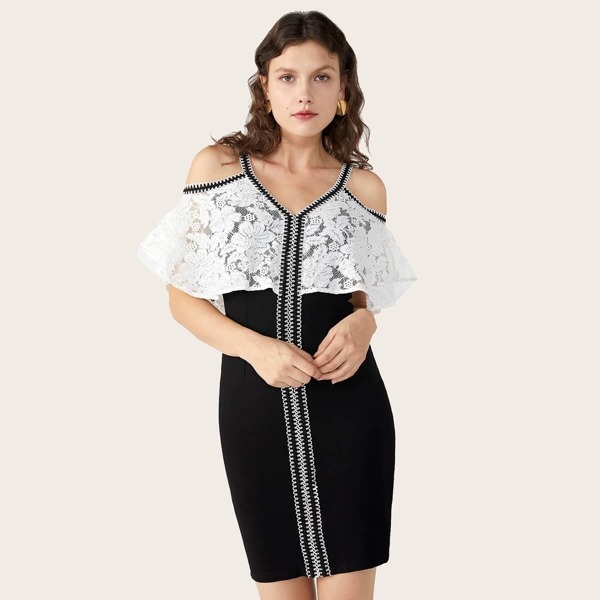 

Double Crazy Cold Shoulder Lace Bodycon Dress, Black
