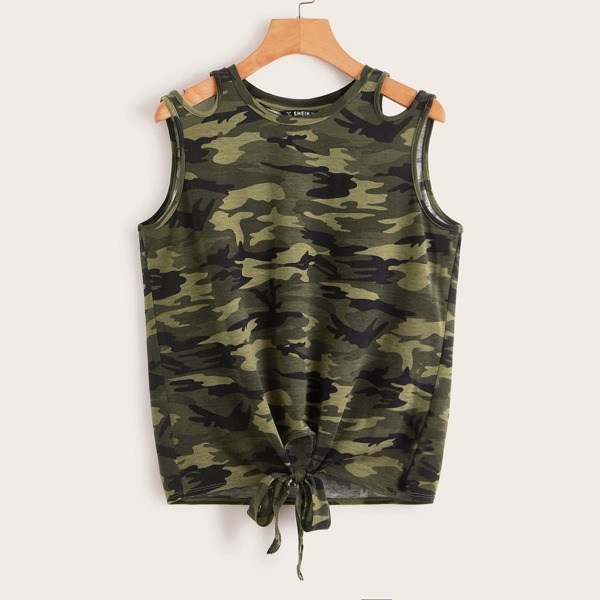 

Camo Print Knoted Front Tank Top
