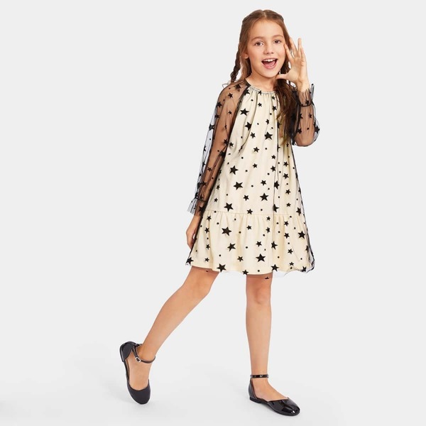 

Girls Star Mesh Overlay Raglan Sleeve Dress