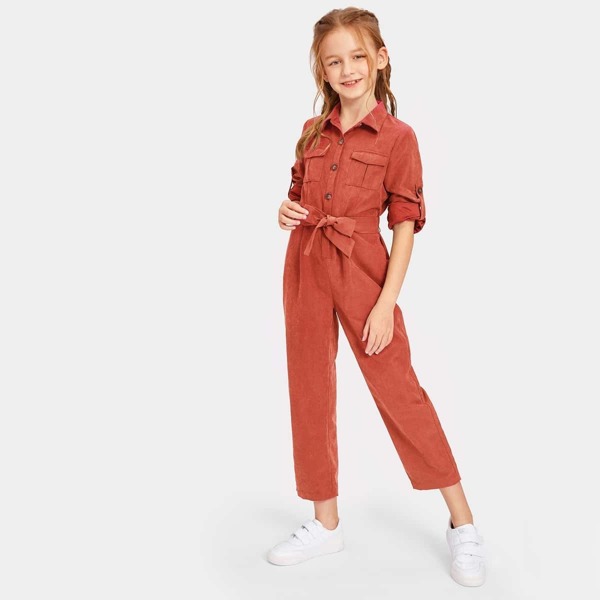 

Girls Half Placket Pocket Front Belted Shirt Jumpsuit
