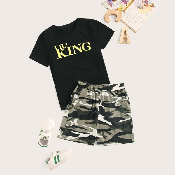 

Boys Letter Print Tee & Camo Print Shorts Set