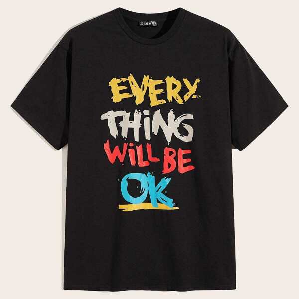 

Men Slogan Print Tee, Black