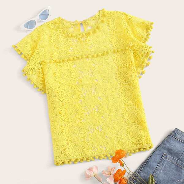

Pompom Detail Ruffle Armhole Guipure Lace Top