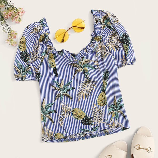 

Frill Trim Tropical & Striped Print Top, Blue