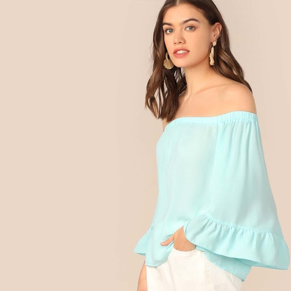 

Flounce Sleeve Solid Bardot Top