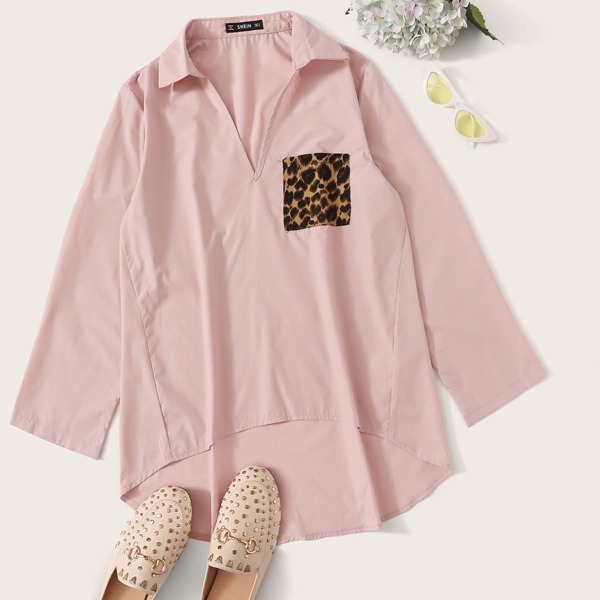 

Leopard Pocket Patched Dip Hem Top, Pink