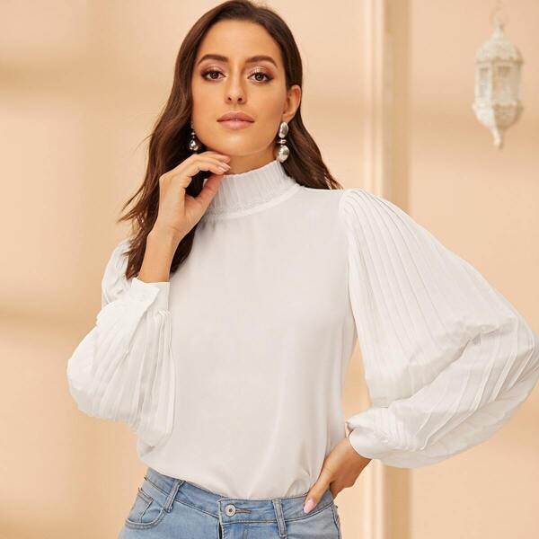 

Pleated Sleeve High Neck Keyhole Back Blouse, White