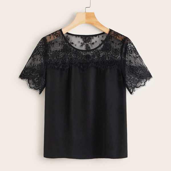 

Eyelash Lace Yoke Solid Top