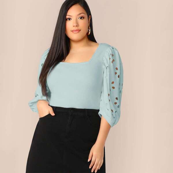 

Plus Square Neck Laser Cut Sleeve Top