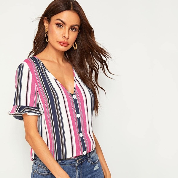 

Ruffle Cuff Button Front Striped Top, Multicolor