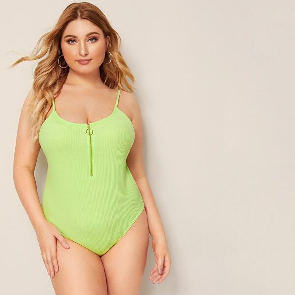 

Plus Neon Lime O-ring Half Zipper Rib-knit Slip Bodysuit, Bright green