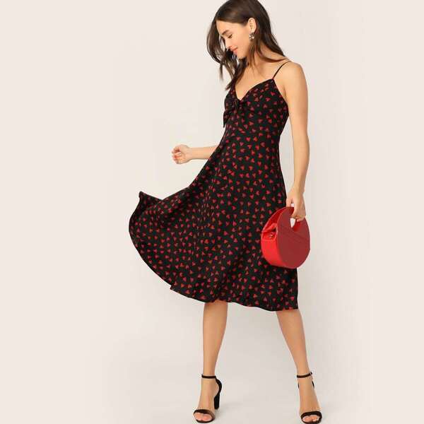 

Allover Heart Print Tie Front Sweetheart Cami Dress