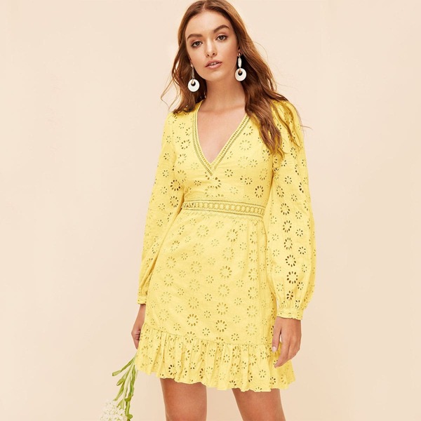 

Deep V-neck Ruffle Hem Schiffy Dress, Yellow