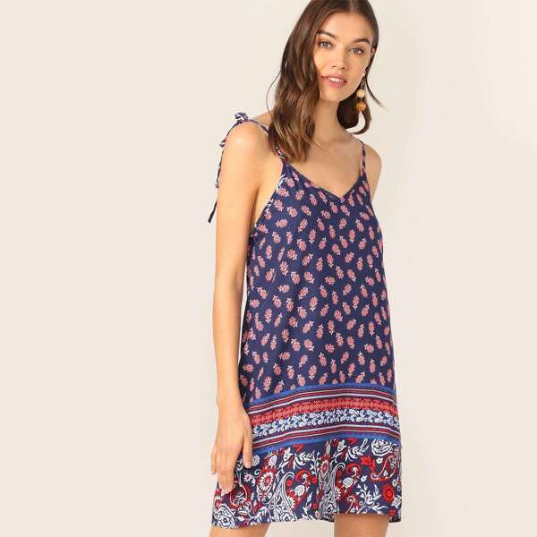 

Knot Shoulder Tribal Print Slip Dress