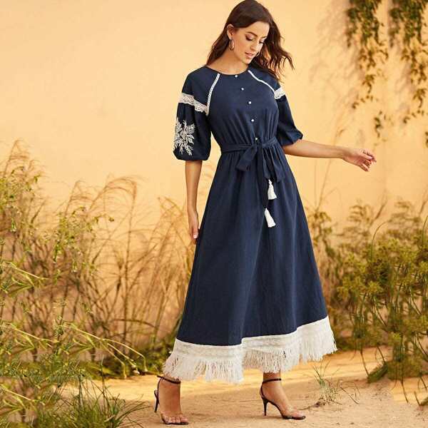 

Lace Trim Embroidery Appliques Finge Hem Belted Dress, Navy