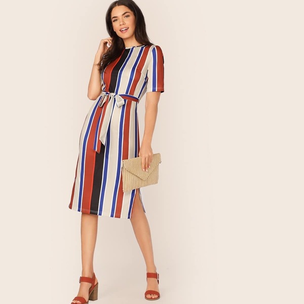 

Self Belted Split Side Striped Dress