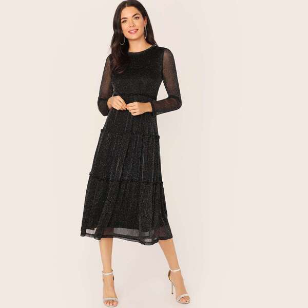 

Frill Trim Layered Hem Glitter Dress