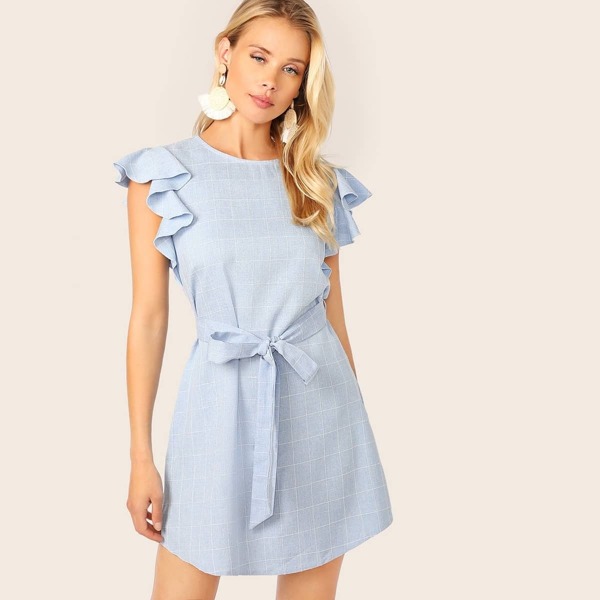 

Split Back Ruffle Armhole Belted Grid Dress, Blue pastel