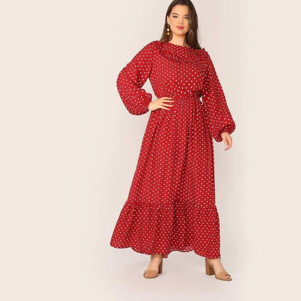 

Plus Frill Trim Lantern Sleeve Polka Dot Dress Without Belt, Red