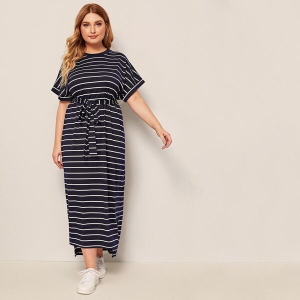 

Plus Split Stepped Hem Striped Tee Dress With Belt, Black