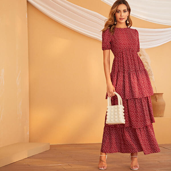 

Confetti Heart Print Puff Sleeve Layered Hem Dress, Red