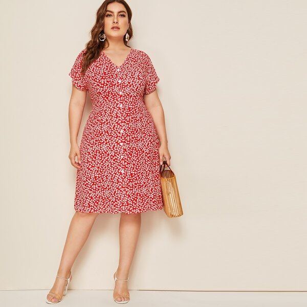 

Plus Single Breasted Ditsy Floral Dress, Red