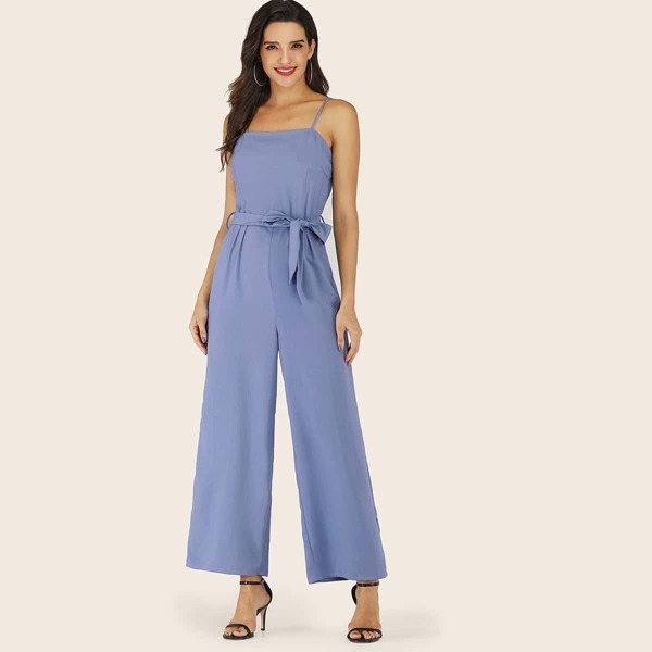 

Belted Wide Leg Cami Jumpsuit, Blue