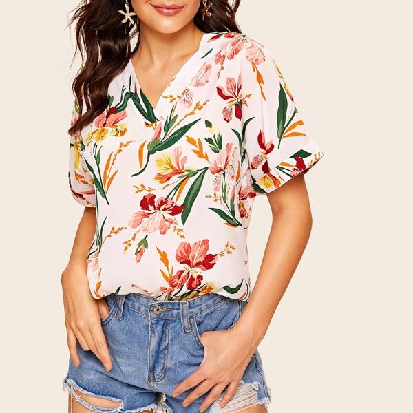 

V-neck Floral Print Rolled Cuff Blouse