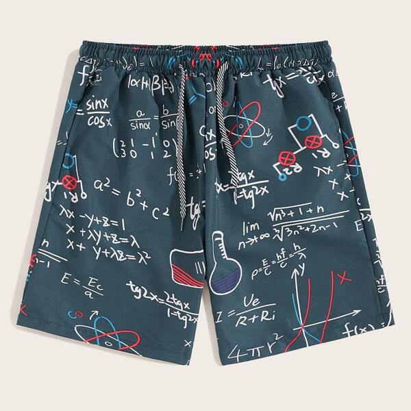 

Men Letter Graphic Drawstring Shorts, Blue