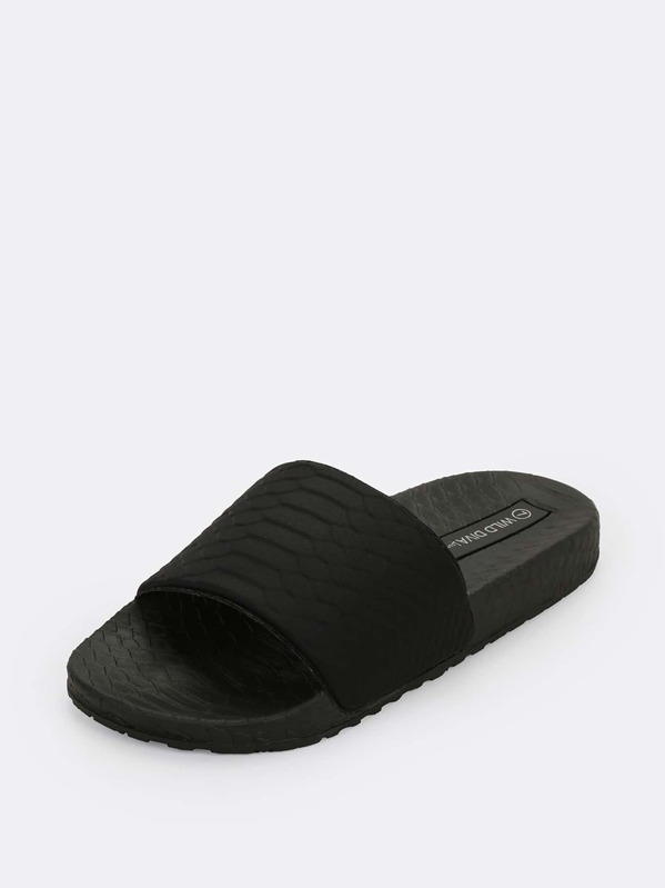 

Croco Embossed Slip On Flatform Footbed Slippers, Black