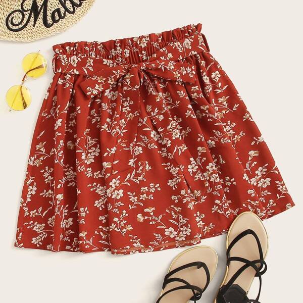 

Paperbag Waist Floral Print Self Belted Skirt, Red