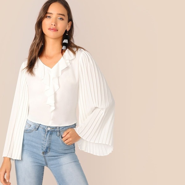 

Tie Back Pleated Sleeve Jabot Collar Top, White