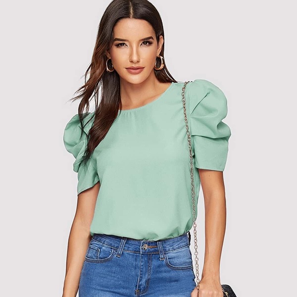 

Gathered Sleeve Keyhole Back Blouse, Green