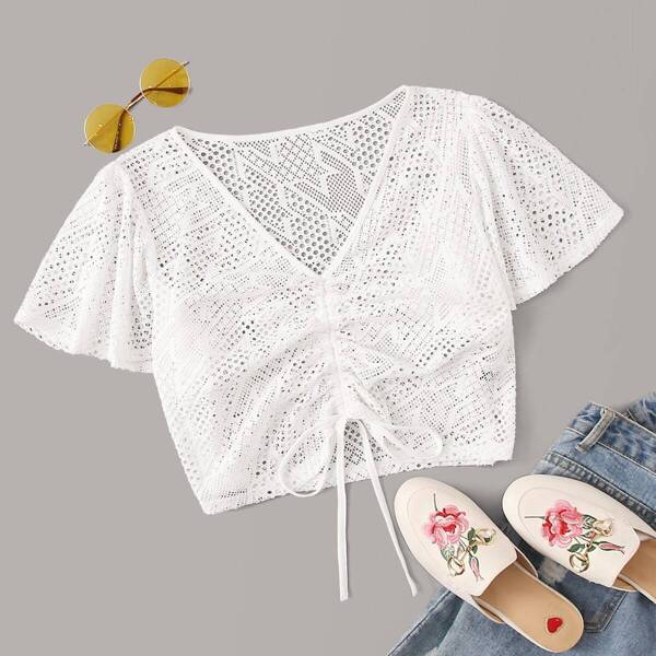 

Drawstring Ruched Front Lace Sheer Top