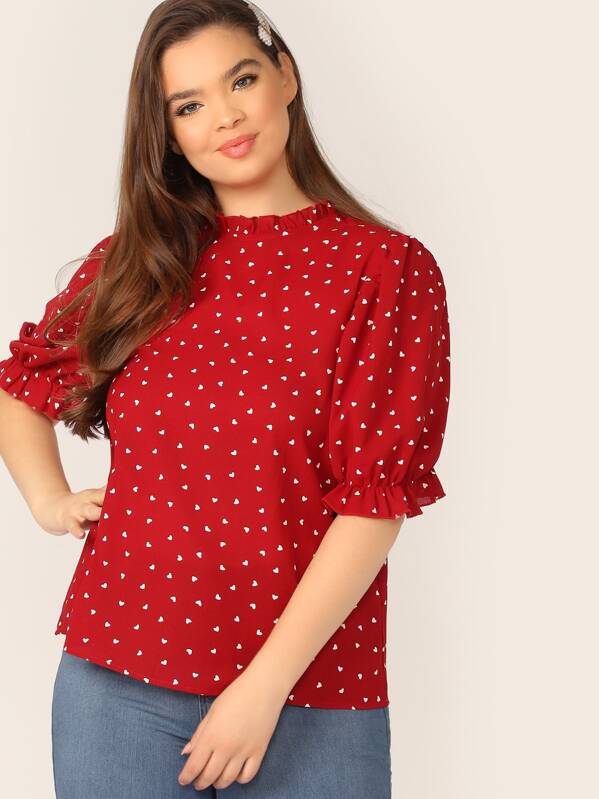 

Plus Frill Neck Puff Sleeve Confetti Heart Print Top, Red, Faith Bowman
