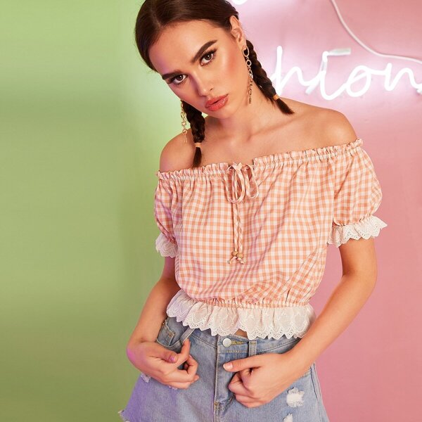 

Knot Front Contrast Schiffy Trim Gingham Bardot Top, Orange pastel
