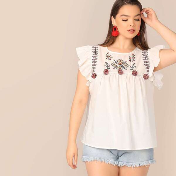 

Plus Pompom Detail Embroidery Smock Top, White