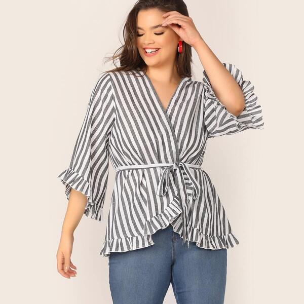 Plus Ruffle Trim Self Belted Striped Wrap Blouse