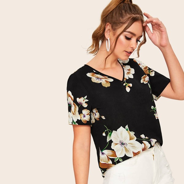 

V-neck Floral Print Top, Black