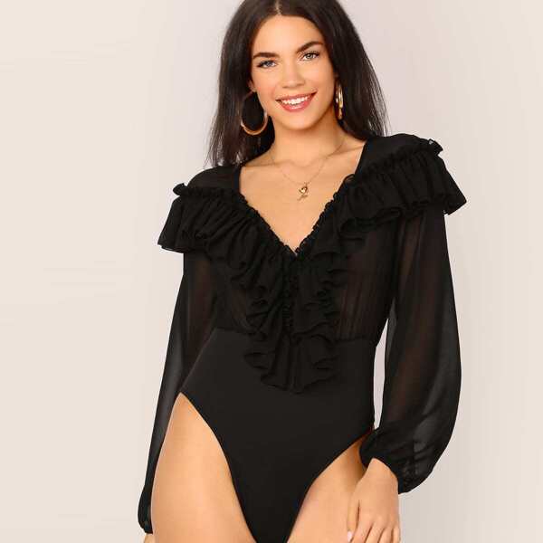 

Ruffle V-neck Lantern Sleeve Semi Sheer Bodysuit, Black