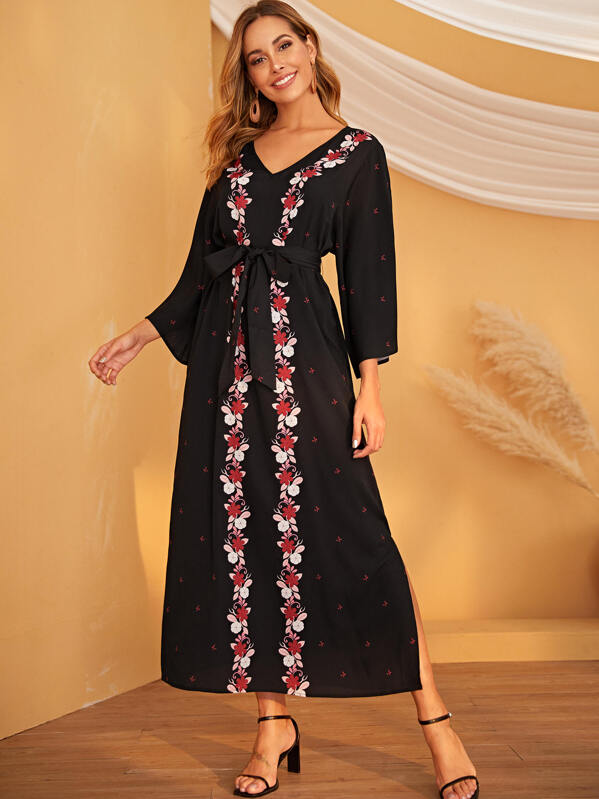 

Floral Print Self Belt Side Slit Dress, Black, Giulia